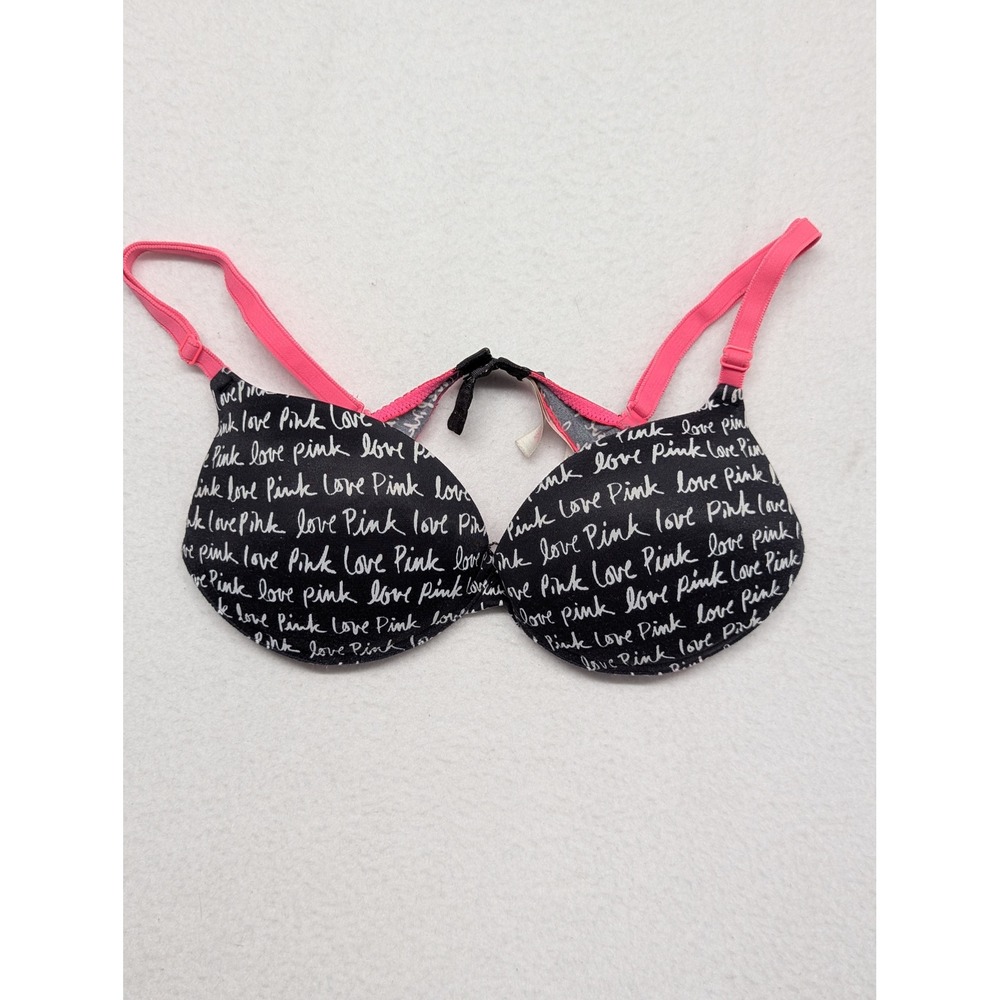 Victorias Secret PINK Push Up Bra 34B Black Pink Script Love Pink Underwire